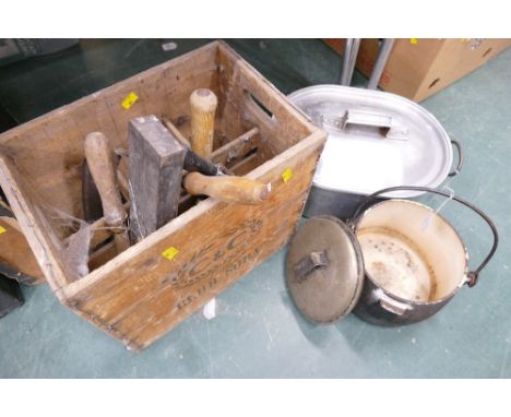 Vintage Club Soda crate, hand tools, cooking vessel and steamer 