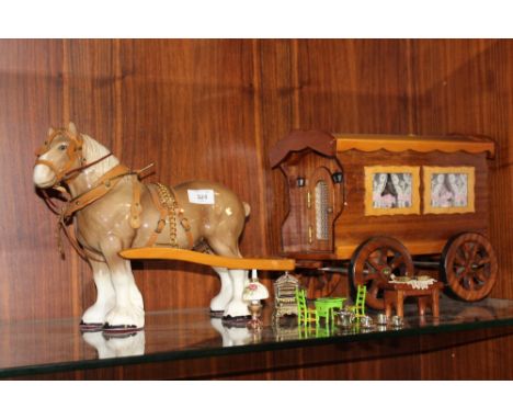 A LARGE CERAMIC SHIRE HORSE AND WOODEN CART FIGURE WITH FURNITURE 