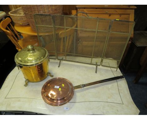 A VINTAGE WARMING PAN, COAL BIN AND A FIRESCREEN (3)