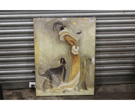 A MODERN PRINT ON CANVAS OF AN ART DECO LADY WITH DOGS, OVERALL SIZE, 60 X 80 CM 