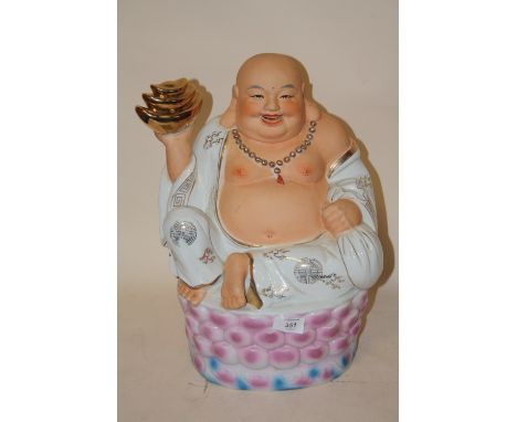 A LARGE MODERN CERAMIC FIGURE OF A SEATED BUDDHA - HEIGHT 39CM