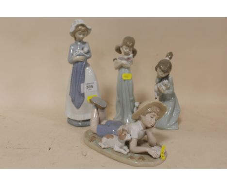 TWO LLADRO FIGURES OF GIRLS WITH CATS, TOGETHER WITH A NAO FIGURE OF A WOMAN WITH A PUPPY AND A NADAL FIGURE OF A BOY WITH A 