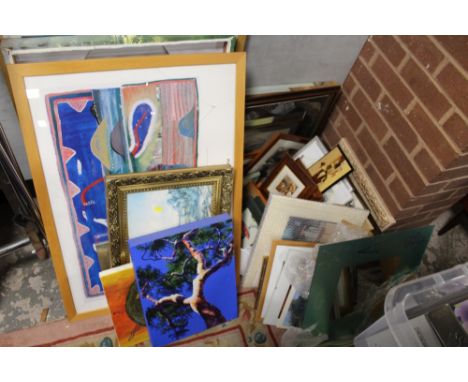 A LARGE QUANTITY OF ASSORTED PICTURES AND PRINTS TO INCLUDE A SALVADOR DALI PRINT, OIL ON CANVAS ETC.