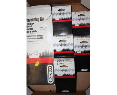 FIVE OREGON CHAINSAW CHAINS PLUS A SHARPENING KIT