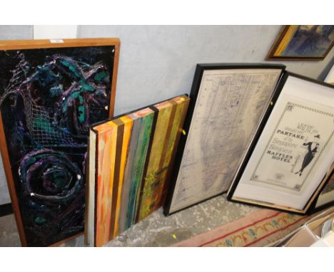 A COLLECTION OF ASSORTED PICTURES TO INCLUDE AN ABSTRACT PLASTER STUDY, RAFFLES HOTEL PRINT ETC. (7)