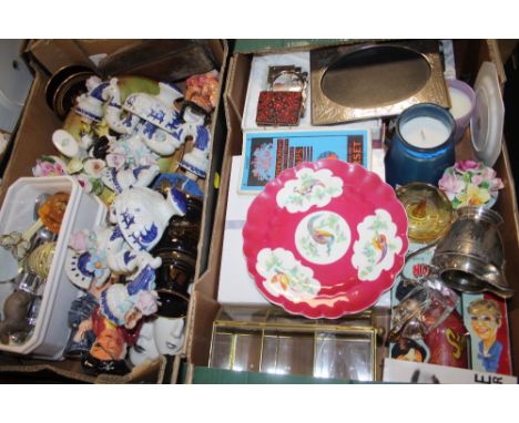 TWO TRAYS OF CERAMICS AND COLLECTABLES TO INCLUDE TOBY JUGS, WOOD PLANE, CERAMIC WALL LIGHTS ETC.