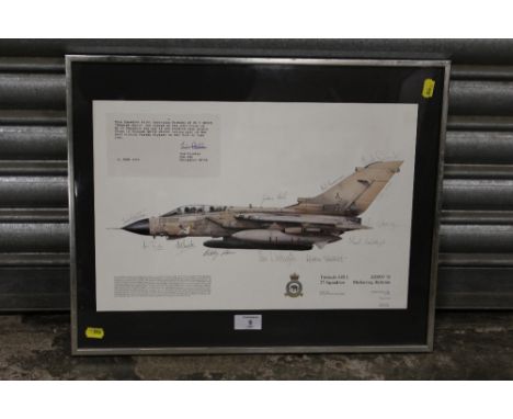 A FRAMED AND GLAZED SIGNED LIMITED EDITION RAF INTEREST TORNADO GR.1 PRINT, SIGNED BY THE GULF 27 SQUADRON NO. 56/100, PRINT 