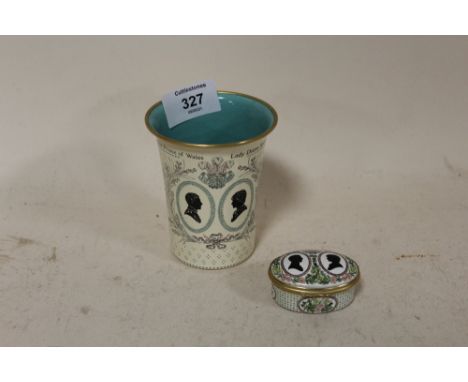 A HALCYON DAYS ENAMEL CUP AND MATCHING PILL BOX