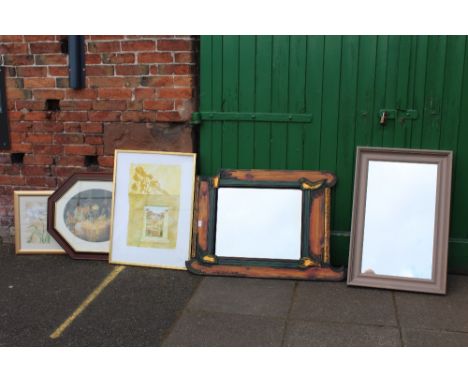AN UNUSUAL EASTERN STYLE WALL HANGING MIRROR TOGETHER WITH A MODERN EXAMPLE AND FOUR PRINTS TO INCLUDE A SIGNED LIMITED EDITI