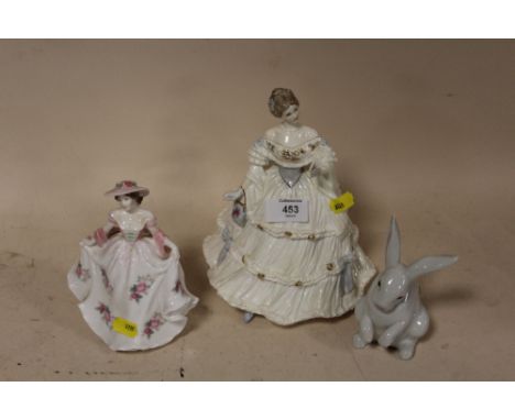 A ROYAL DOULTON 'SHALL I COMPARE THEE' FIGURE TOGETHER WITH A ROYAL WORCESTER 'SWEET ROSE' AND A LLADRO RABBIT FIGURE