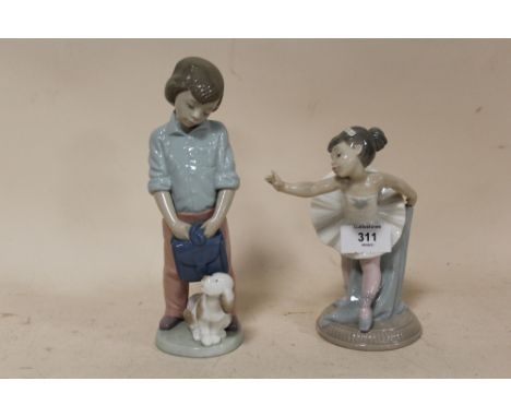 A NAO FIGURE OF A YOUNG BALLERINA, TOGETHER WITH A NAO FIGURE OF A BOY HOLDING A BAG WITH A DOG (2) 