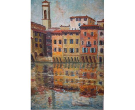 A FRAMED OIL ON BOARD ENTITLED REFLECTIONS IN THE ARNO - BY LILY ARROWSMITH - 58.5 CM BY 43.5CM, TOGETHER WITH A PAUL MARNY P