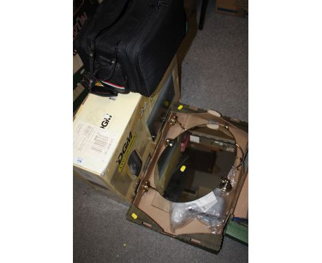 A BOXED DGM 22" WIDESCREEN TV TOGETHER WITH A CHINON VIDEO CAMERA AND A BOX OF MODERN BATHROOM ITEMS