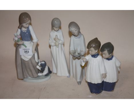 FOUR ASSORTED NAO FIGURES TO INCLUDE A FIGURE OF A GIRL HOLDING FLOWERS WITH A PUPPY