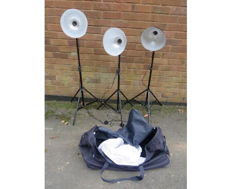 THREE ADJUSTABLE CAMERA LIGHTING STANDS WITH BAG AND APRON (no bulbs)