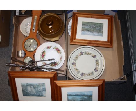 TWO BOXES OF ASSORTED SUNDRIES TO INCLUDE PRINTS, OLD COUNTRY ROSES BOWLS, MODERN WALL BAROMETER ETC. 
