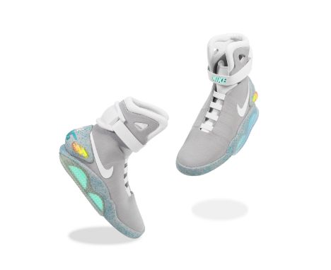 Nike MAGA Pair of 'Back To The Future' Sneakers, 2011grey leather, rubber, cotton, mesh, and plastic with electric components