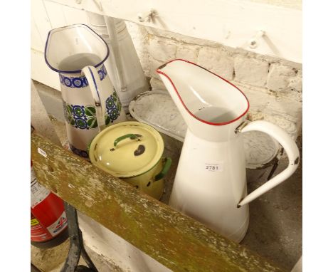 3 Vintage enamel water jugs, a fish kettle etc (5) 