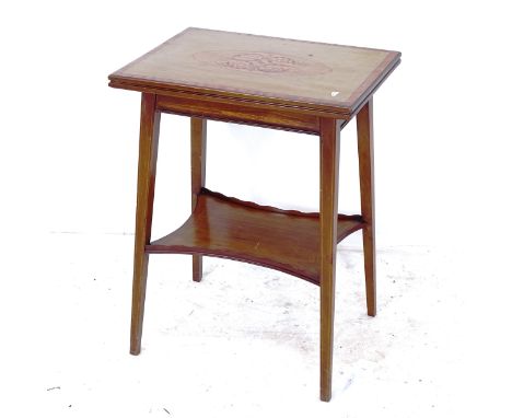 An Edwardian mahogany 2-tier fold over card table, with inlaid floral decoration, W51cm, H68cm, D38cm 