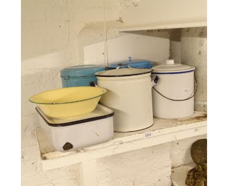A group of Vintage enamel bowls, storage bins etc 