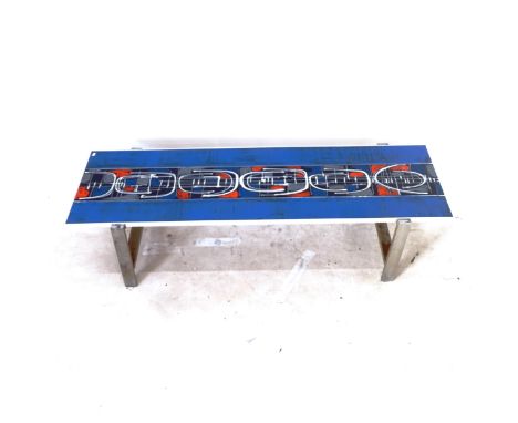 De Nisco, a mid-century ceramic and chrome rectangular coffee table, circa 1970s, with abstract design, L150cm, H39cm, D45cm 