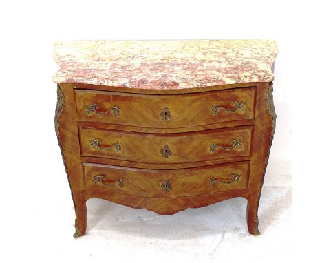 A Continental marble-top commode of serpentine form, with 3 long drawers and ormolu mounts, W104cm, H81cm, D50cm 
