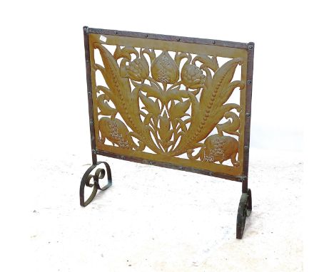 An Art Nouveau pierced copper fire screen, W61cm, H66cm 