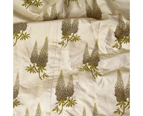 A pair cream ground lined and inter-lined curtains, decorated with foxgloves, drop 230cm, width 400cm 