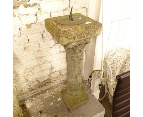A weathered concrete garden pedestal sundial, height 85cm 