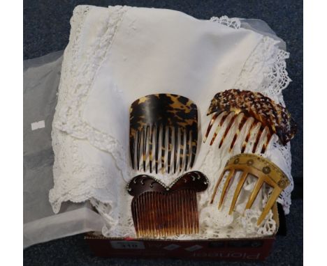 Four vintage ladies hair combs (three simulated tortoiseshell), together with a collection of vintage cotton table mats (some