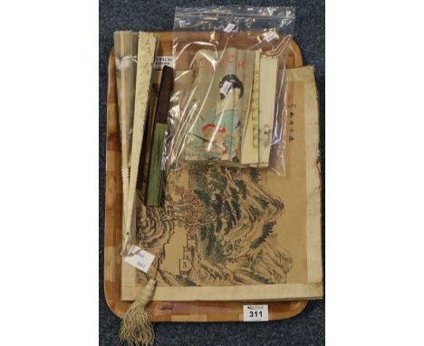 Three vintage fans, a Japanese tissue paper book of music and lyrics Oyucha San, together with an unframed Japanese print. (B