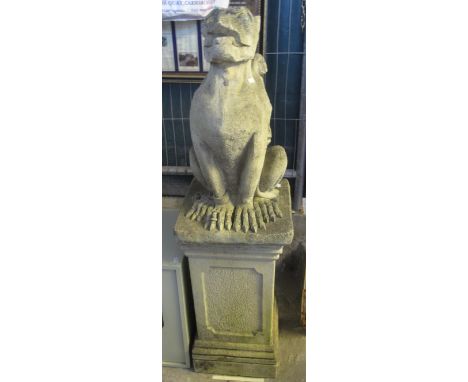 Pair of composite garden mythical beasts standing on a rectangular stepped plinth. (2) (B.P. 24% incl. VAT)