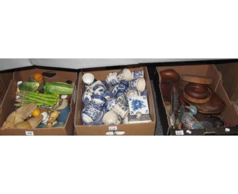 Three boxes of china and other items to include; blue and white teaware, Delftware, wooden decoy ducks, plastic vegetables, t