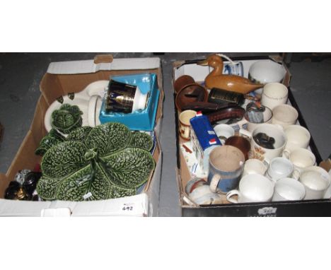 Two boxes of mainly china to include; Portuguese pottery cabbage design hors d'oeuvres dish and similar items, commemorative 