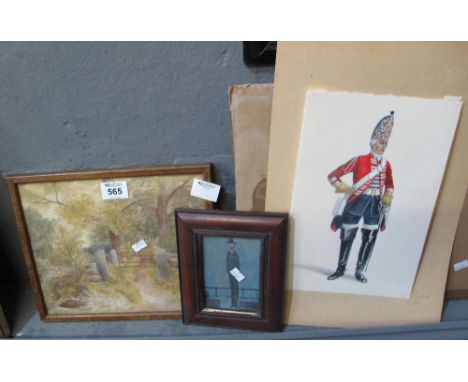 Collection of assorted small works to include; portrait of a man after Lowry, woodland scene in watercolours, military portra