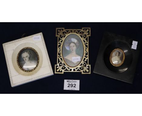 Three framed portrait miniatures. (B.P. 24% incl. VAT)