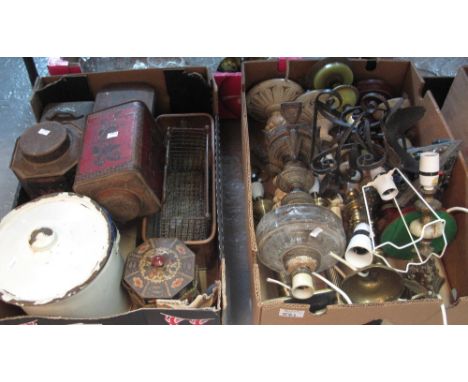 Two boxes of assorted items to include enamelled flower bin, vintage tin boxes, various lamp bases, oil burner, etc.(B.P. 24%