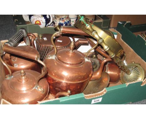 Box of assorted copper and brassware to include; teapots, watering can, British Empire exhibition 1924 tea caddy, brass table