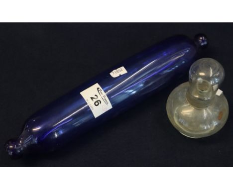 Victorian blue glass ornamental rolling pin, together with a clear glass scent bottle and cup. (2)(B.P. 24% incl. VAT)