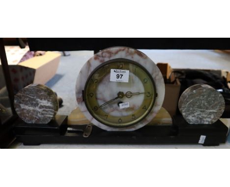 Art deco design marble mantel clock with brass Arabic chapter ring. 50cm wide approx. (B.P. 24% incl. VAT)