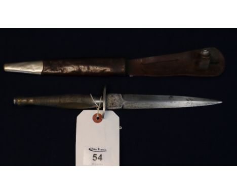 Fairbairn Sykes Commando fighting knife with double edged steel blade and with checkered handle and leather metal mounted sca