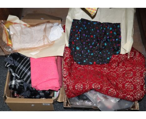 Two boxes of assorted vintage fabrics and offcuts to include: lace, various colours of synthetic fabrics, fuschia net fabric,