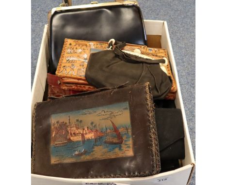 Collection of vintage handbags (20's-60's) to include; various colour leather bags including; a black clutch bag with Celtic 
