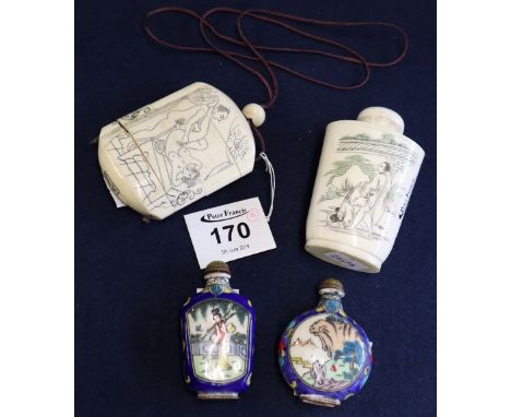 Group of Oriental items to include; Japanese style bone inro and a similar bone scent bottle, both with erotic decoration, to
