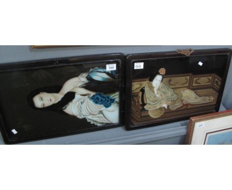 Chinese school, portraits of women, appearing to be reverse painted glass. Lacquered frames. 47 x 30cm and 30 x 47cm approx (