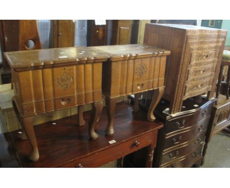 Middle Eastern design carved foliate nest of tables, together with a matching pair of lamp/bedside tables/cabinets. (3)(B.P. 