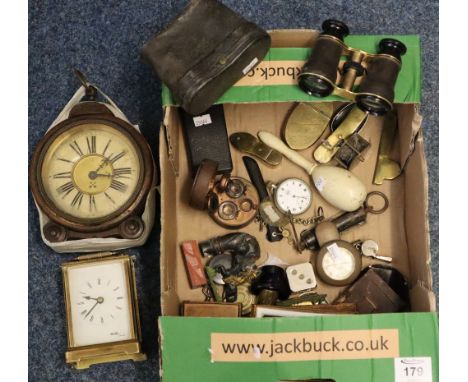 Box of assorted items including; carriage clock, various interesting snuff boxes, opera glasses, pocket watches, photograph f