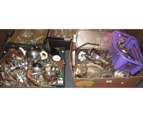 Two boxes of silver plate to include; trays, teaware, toast racks, flatware, cake baskets etc. (2)(B.P. 24% incl. VAT)