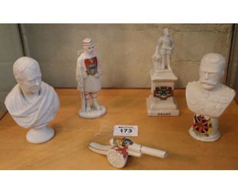 Group of crested china items to include; First World War field gun with the arms of Brynamman, standing Carlton china Scottis