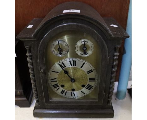 Early 20th Century oak three train mantel clock with silvered Roman chapter ring and chime silent slow fast fingers. (B.P. 24
